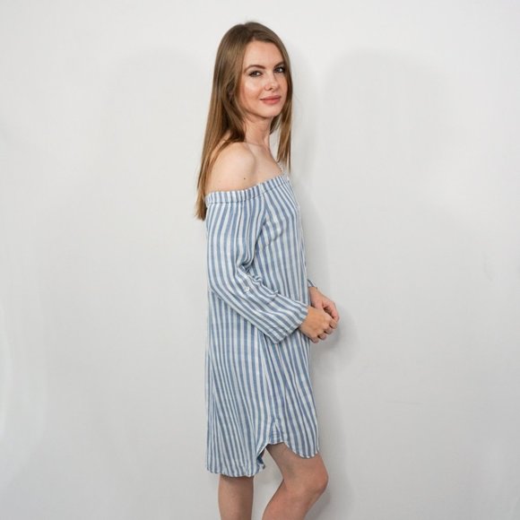 BELLA DAHL Blue Striped Off-Shoulder Dress NWT - Picture 3 of 7
